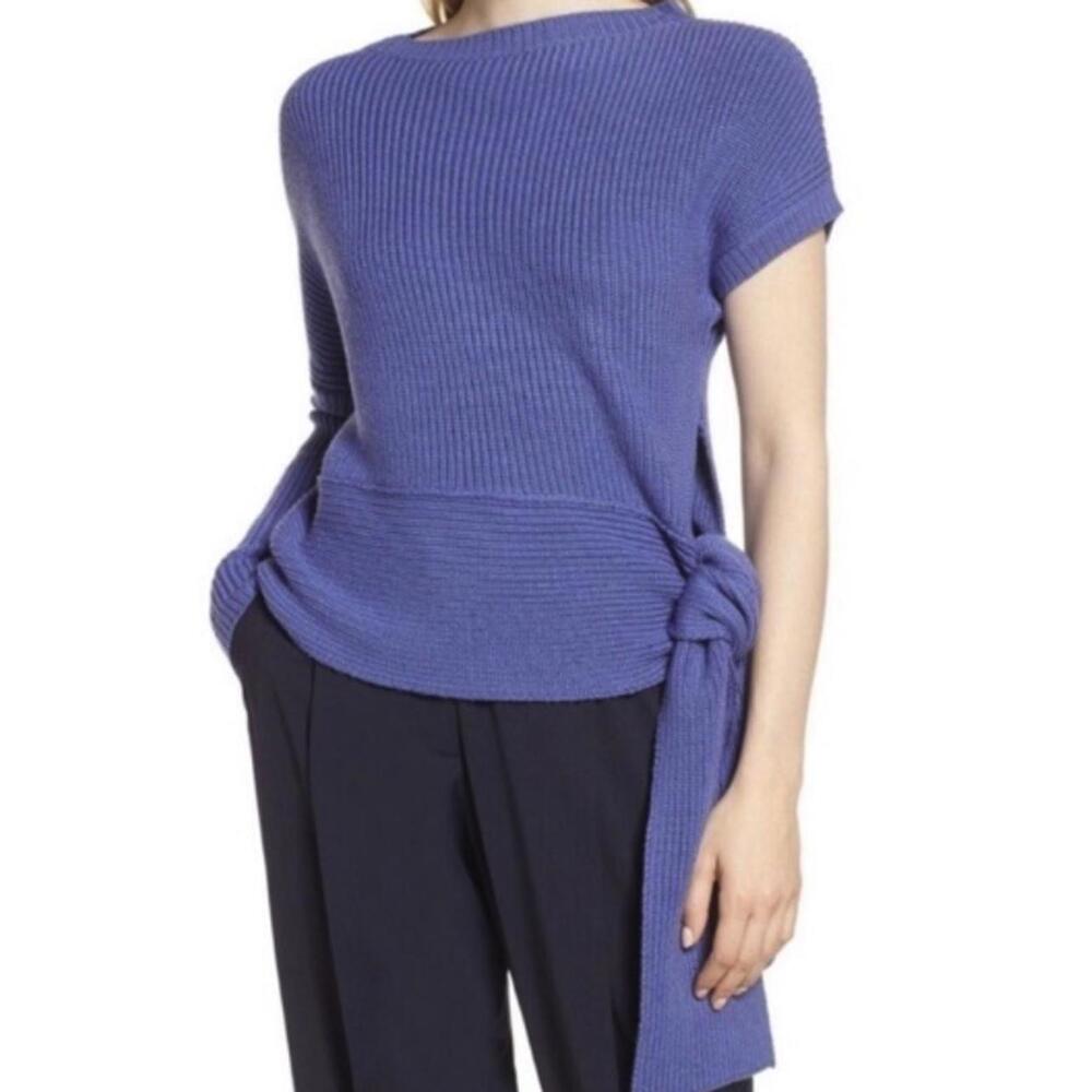 Lewit Marino 100% Ribbed Wool Asymmetrical Blue Side Tie Sweater - Size - 1